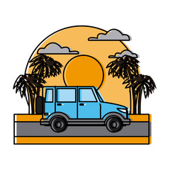 SUV sport vehicle on sunset landscape icon vector illustration