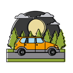 SUV sport vehicle In the forest icon vector illustration