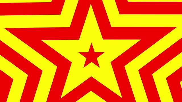 Five point star red and yellow gold star pentagon animated grows. Seamless loop shape star motion CG. Pentagram tunnel.