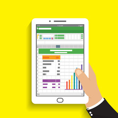 hand holding tablet. businessman read spreadsheet financial analysis report with chart and graph. flat design for business concept.