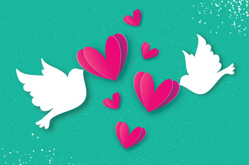 Origami Happy Valentine's day greeting card. Flying Love Birds in paper cut style. A couple of doves in loving. Romantic Pink heart. Two white pigeons kissing.