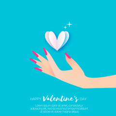 Big shining white Heart. Elegant women's hand. Wedding concept. Happy Valentine's day Greeting card. Origami Flying Love. Romantic Holidays.14 February. Bly sky background.