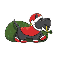 Cartoon Scotch Terrier Santa Character Delivering Presents to Kids for New Year
