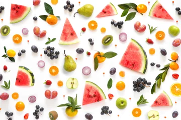 Plexiglas foto achterwand Various vegetables and fruits isolated on white background, top view, flat layout. Concept of healthy eating, food background.  © Tatiana Morozova