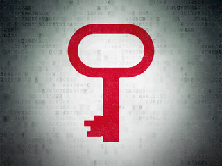 Protection concept: Painted red Key icon on Digital Data Paper background