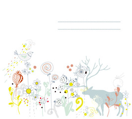Floral background with deer for the card or banner. Vector graphic illustration