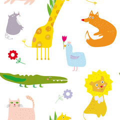 Animals seamless pattern, funny design. Vector graphic illustration