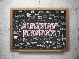 Business concept: Chalk Pink text Consumer Products on School board background with  Hand Drawn Business Icons, 3D Rendering