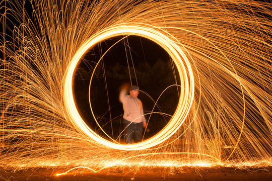 Fire shower by using steel wool photography.