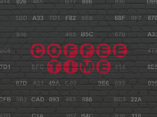 Time concept: Painted red text Coffee Time on Black Brick wall background with Hexadecimal Code