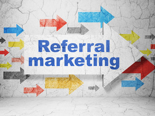 Marketing concept:  arrow with Referral Marketing on grunge textured concrete wall background, 3D rendering