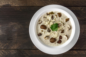 Plate of mushroom soup, top view with copy space