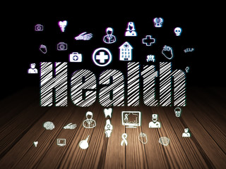Health concept: Glowing text Health,  Hand Drawn Medicine Icons in grunge dark room with Wooden Floor, black background
