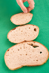 Unusual tree. Three slices  bread. Green background