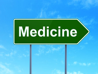Healthcare concept: Medicine on green road highway sign, clear blue sky background, 3D rendering