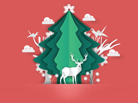 Illustration Vector Of Merry Christmas In Paper Craft Art, Beautiful Paper Art Design Concept Of Christmas Winter Season