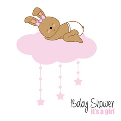 baby shower girl. rabbit sleeping on top of a cloud