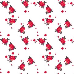 Fototapeta na wymiar Trendy seamless floral pattern with red roses and small flowers isolated on white background in vector.