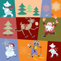 Seamless vector pattern with Christmas decorations, gifts, santa Claus, snowman, polar bears, cute raccoon, deer and snowflakes.