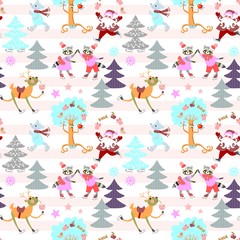 Seamless striped Christmas pattern with winter forest, cute cartoon animals and Santa Claus. Vector illustration.
