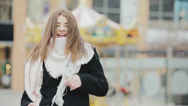 Joyful Funny Woman Having Fun At Winter City