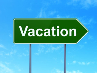 Entertainment, concept: Vacation on green road highway sign, clear blue sky background, 3D rendering