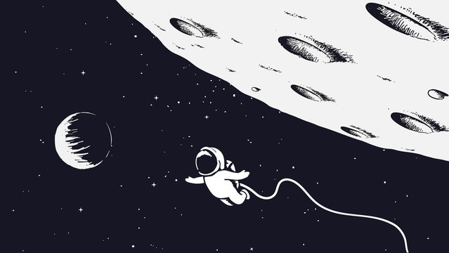 Astronaut flying near the Moon.Science theme.Hand drawn vector illustration