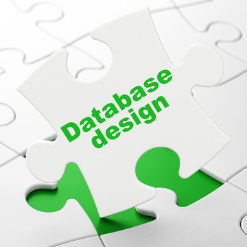 Programming concept: Database Design on White puzzle pieces background, 3D rendering