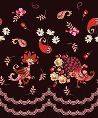 Romantic endless pattern with magic birds, paisley, flowers and leaves on dark brown background. Mexican, indian, thai motives. Vector summer design.