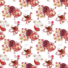 Animal seamless ornament in ethnic style. Magic birds with wings in paisley shape isolated on white background.