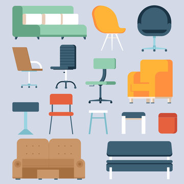 Home room and office furniture set with arm chairs, couches and sofas icons in flat design.