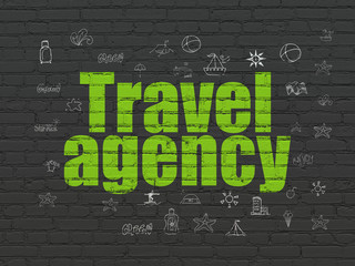 Vacation concept: Painted green text Travel Agency on Black Brick wall background with  Hand Drawn Vacation Icons