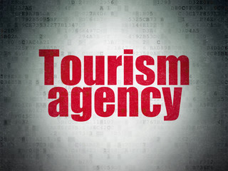 Vacation concept: Painted red word Tourism Agency on Digital Data Paper background