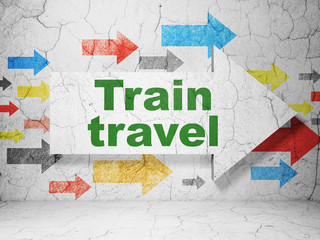 Travel concept:  arrow with Train Travel on grunge textured concrete wall background, 3D rendering