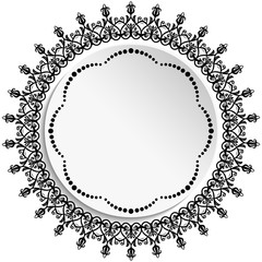 Round vector frame with floral elements and arabesques. Round black and white pattern with arabesques. Fine greeting card