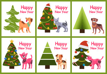 Happy New Year Posters Set Christmas Trees Puppies