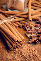 Cinnamon sticks on the rustic wooden background. Selective focus. Shallow depth of field.