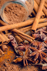 Cinnamon sticks on the rustic wooden background. Selective focus. Shallow depth of field.