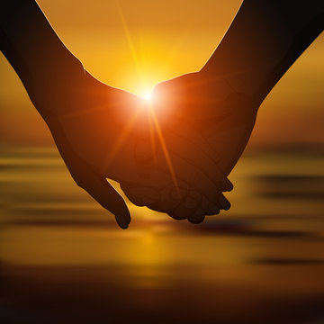 Silhouette of romantic couple's hands on the beach at sunset. Love, romantic relationship concept. Vector illustration.