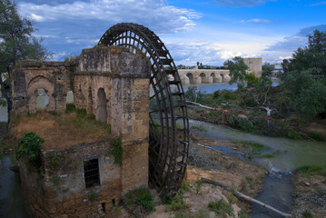 Fototapeta na wymiar Ferris wheel of Arab origin in the Guadalquivir river