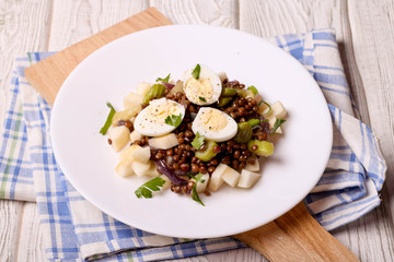 Lentils salad with apple and egg on a white plate
