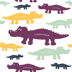 Cartoon cute crocodiles seamless vector pattern. Can be used for textile, website background, book cover, packaging.