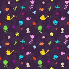 Vector seamless pattern with gardening tools and flowers.