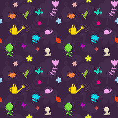 Vector seamless pattern with gardening tools and flowers.