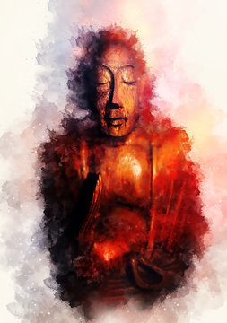 Buddha silhouette in lotus position and softly blurred watercolor background.