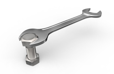 Bolt and wrench isolated on white, 3d rendering.