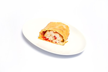 Bacon and cheese filled puff pastry strudels isolated over white background