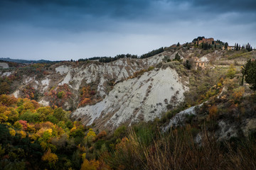 Chiusure, Siena, Tuscany - Novembre 12, 2017: Chiusure, autumnal trekking in the province of Siena, from Buonconvento to Monte Oliveto Maggiore Abbey