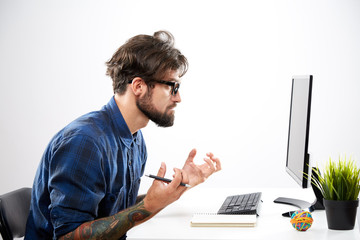 Attractive man working online