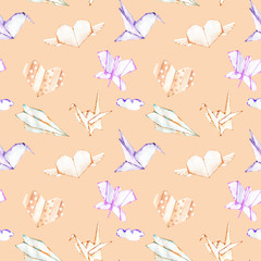 Watercolor paper origami illustrations seamless pattern, hand painted on a pink background, for Valentine's Day, wedding, romantic prints